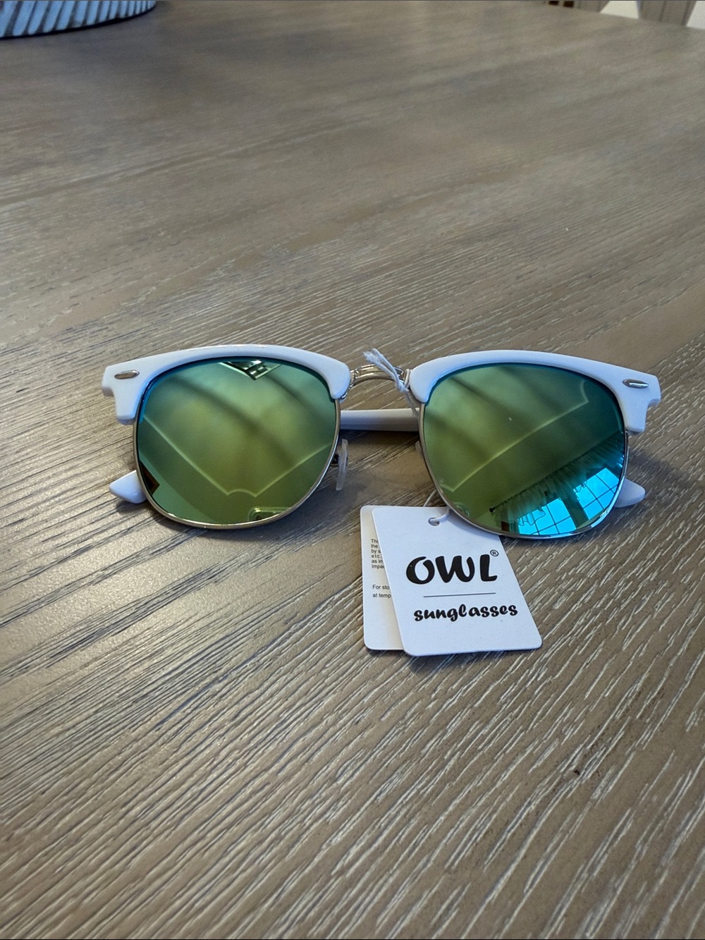 OWL White Frame Sunglasses with Green Mirrored Lenses